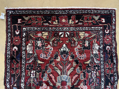 3' 4" X 9' Antique Handmade Wool Rug Runner Floral Organic Dyes Red Nice