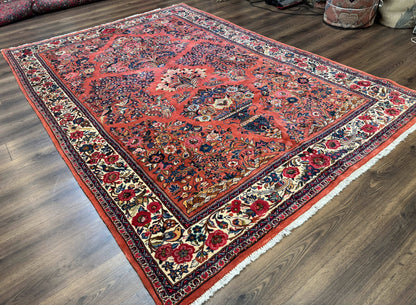 Persian Sarouk Rug 7x10, Red and Ivory, Floral Bouquets, Birds