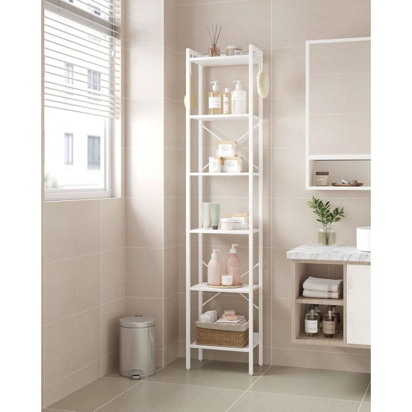 6 Tier White Industrial Bookshelf For Home Office Living Room