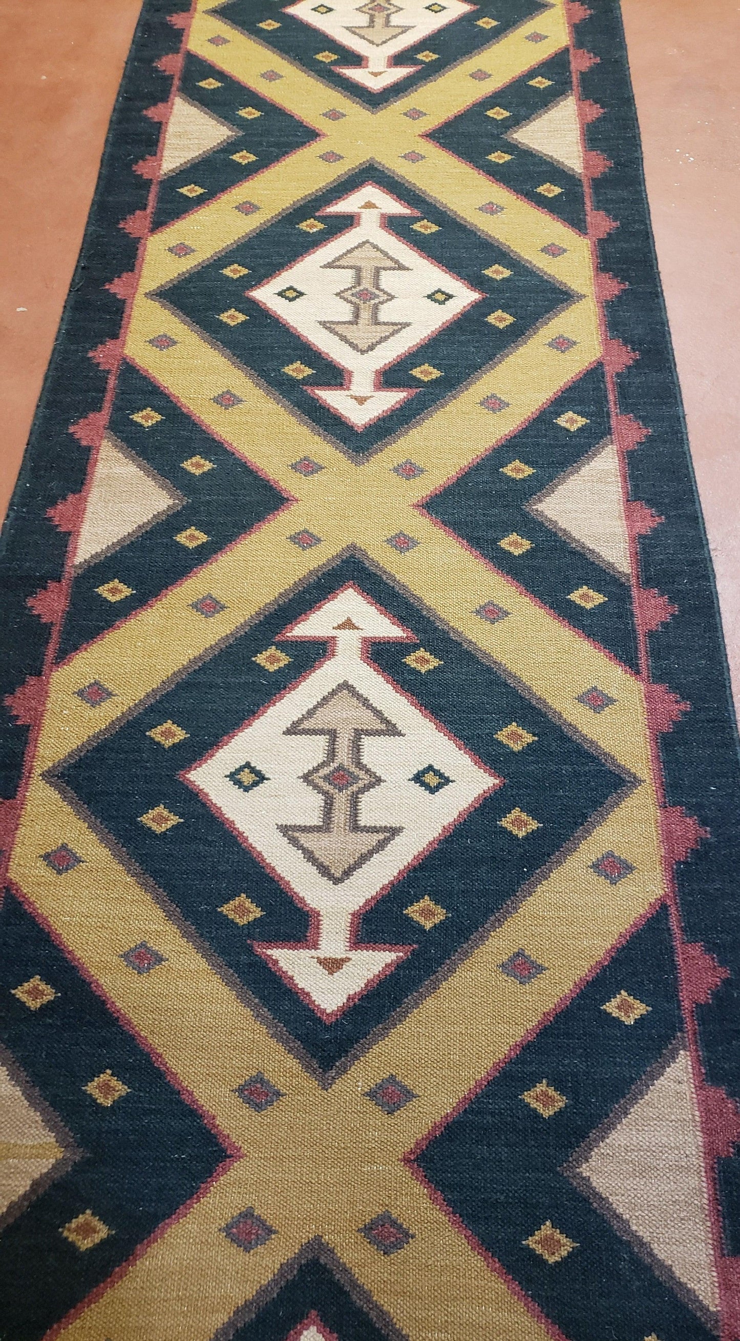 Vintage Indian Kilim Runner Rug, Geometric Flatweave Hand-Knotted Wool Kitchen Hallway Runner, Black Gold & Beige, 2' 8" x 9' 9"