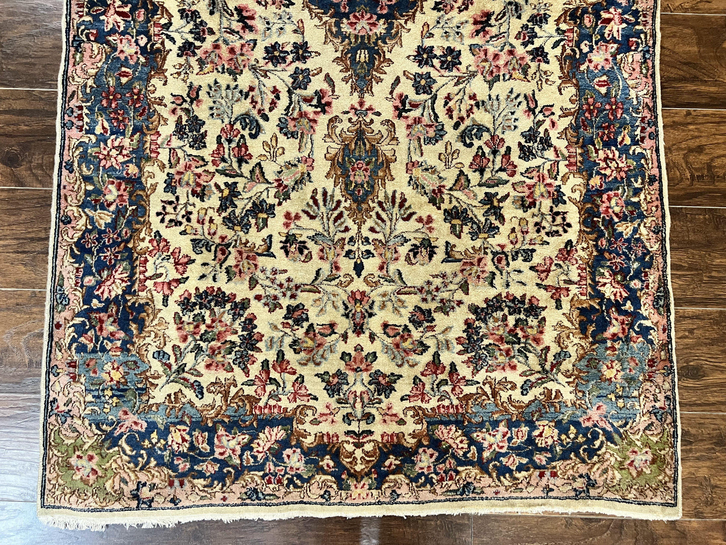 Antique Persian Kirman Rug 4x7, Cream and Navy Blue, Hand Knotted Wool Floral Carpet