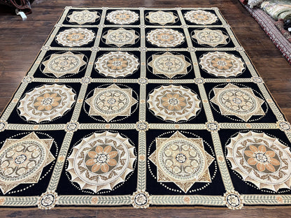 Needlepoint Rug 8x10, Black Tan Beige, Panel Design, Wool Handwoven Handmade Flatweave Needlepoint Carpet, Vintage French European Rug