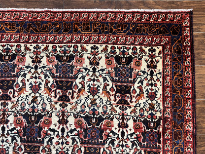 Persian Afshar Rug 6x8, Wool Hand Knotted Semi Antique Vintage Carpet, Floral Allover, Repeated Birds Flowers Vases Motifs