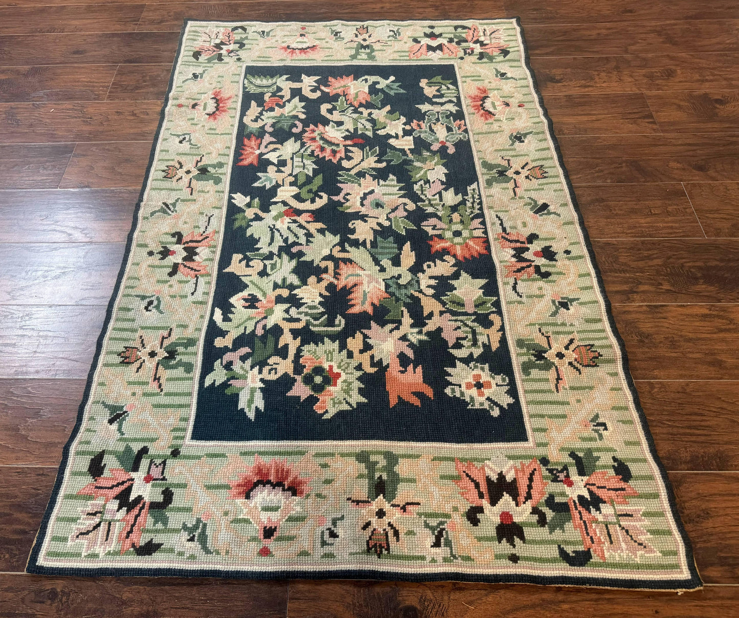Vintage American Needlepoint Rug 4x6, Dark Green, Wool, Handmade, Flatweave Carpet