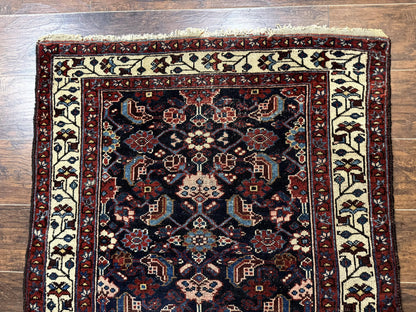 Navy Blue Antique Persian Rug 3x6, Blue and Ivory Persian Carpet, Handmade 1920s Hamadan Rug