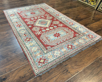 Turkish Kazak Rug 4x6, Handmade Vintage Wool Carpet, Geometric Design, Red and Light Blue