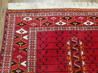 Antique Persian Turkoman Rug 4x5, Hatchli Tekkeh Ersari Red Tribal Rug, Handmade Wool Oriental Carpet, Four Seasons Rug