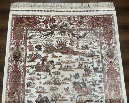 Turkish Silk Hunting Scene Rug 4x6, Ivory, Bamboo Silk, New