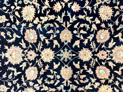 Indo Persian Rug 9x12, Navy Blue and Ivory/Cream, Floral Allover, Wool Vintage Handmade Carpet