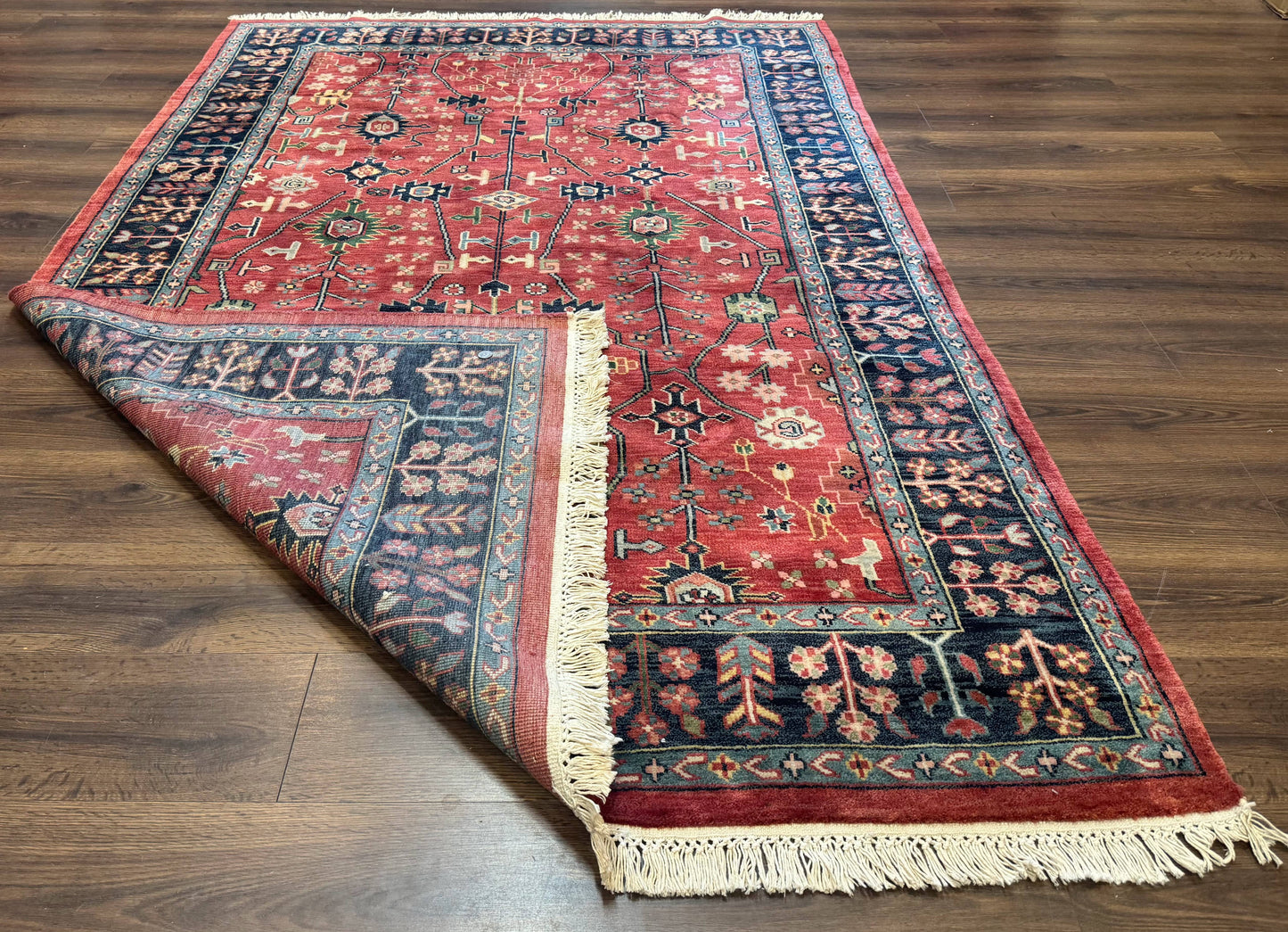 Indo Persian Heriz Serapi Rug 6x8, Rust Red and Navy Blue, Allover Pattern