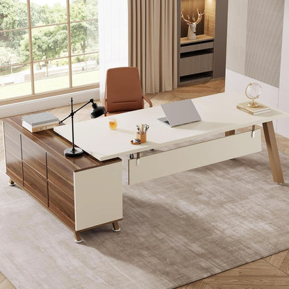 71 Inch Walnut White L Shaped Desk With 55 Inch Cabinet