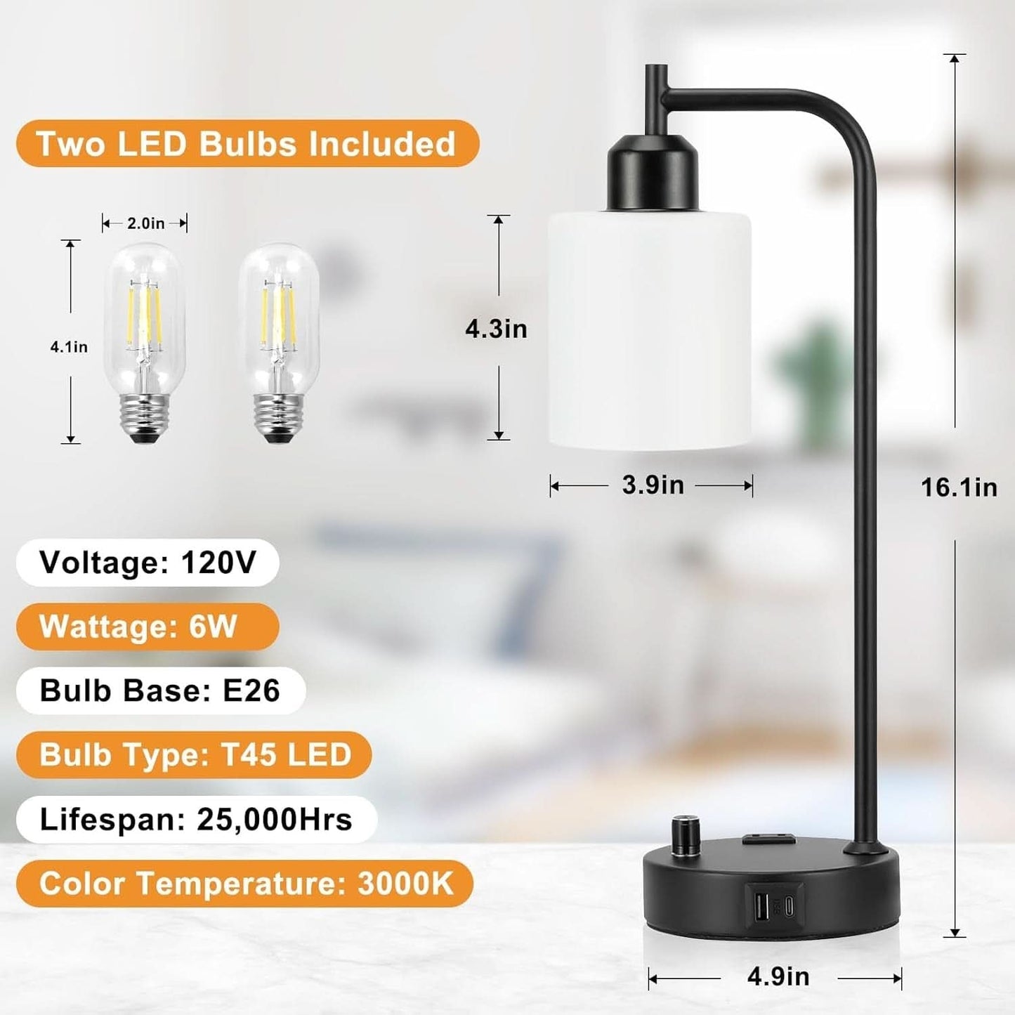 Industrial Black Dimmable Bedside Lamps With USB Ports