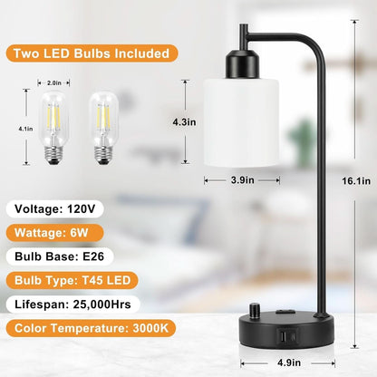 Industrial Black Dimmable Bedside Lamps With USB Ports