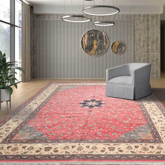 9'x13' Hand Knotted 100% Wool Nain Traditional Oriental Area Rug Raspberry, Ivory Color