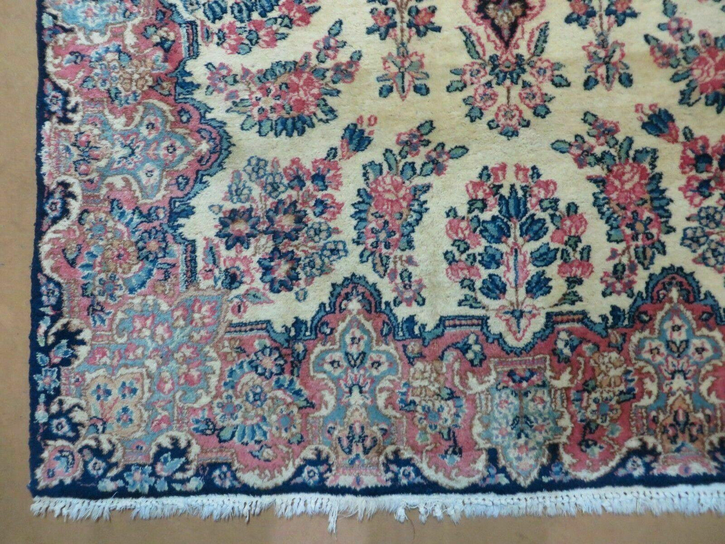 Antique Persian Kirman Rug 3.9 x 6.6, Floral Oriental Carpet, Ivory/Cream - Blue - Pink, Hand Knotted Wool Rug, Floral Medallion Rug 4x6