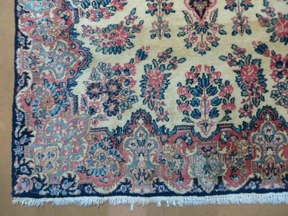 Antique Persian Kirman Rug 3.9 x 6.6, Floral Oriental Carpet, Ivory/Cream - Blue - Pink, Hand Knotted Wool Rug, Floral Medallion Rug 4x6