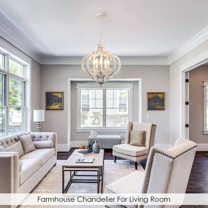 Wooden Farmhouse Chandelier Distressed White Five Lights