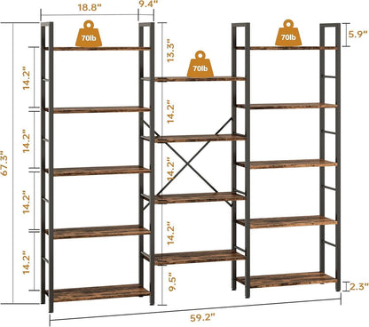 Rustic Brown Large Five Tier Bookshelf With Steel Frame