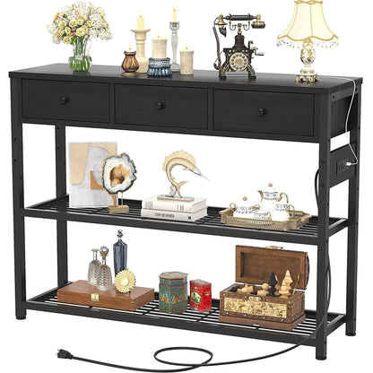 Black Console Table With USB Ports And Outlets For Living Room