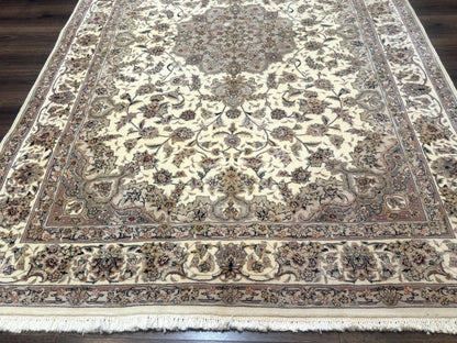 Sino Persian Rug 6x9, Floral Medallion, Ivory & Taupe, Wool with Silk Highlights, Fine 210 KPSI