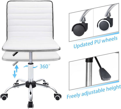 Mid Back Vanity Chair White PU Leather Swivel Office Chair