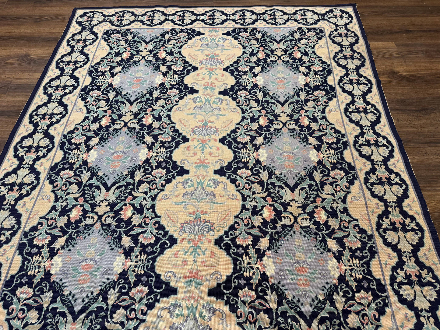 Needlepoint Rug 6x9, Ivory and Navy Blue