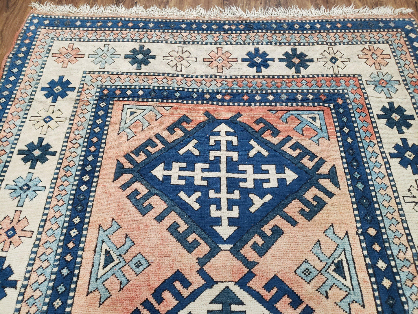 Turkish Kazak Rug 5x8 ft, Bold Geometric Bohemian Carpet, Blue and Ivory Hand Knotted Area Rug, Medium Sized High Quality Wool Oriental Rug