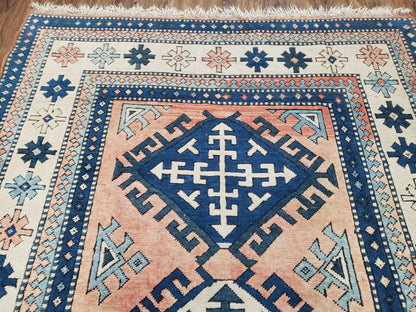 Turkish Kazak Rug 5x8 ft, Bold Geometric Bohemian Carpet, Blue and Ivory Hand Knotted Area Rug, Medium Sized High Quality Wool Oriental Rug