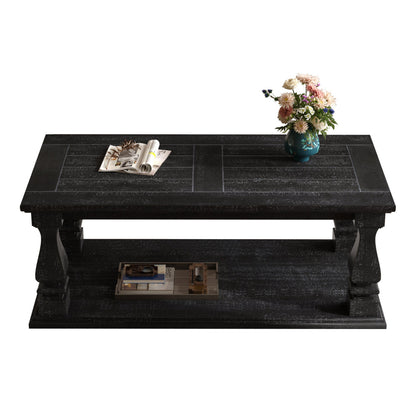 Farmhouse Coffee Table with Storage Shelf 47" Rustic Solid Wood Planked Top & Square Baluster Legs