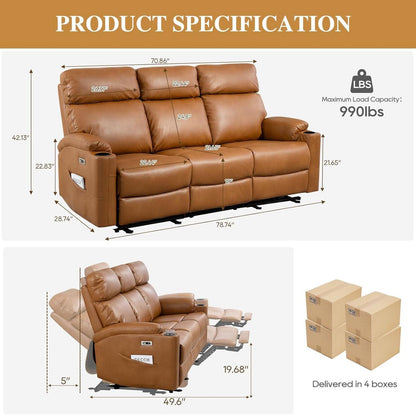 Power Reclining Sofa Brown PU Leather Independent Backrests