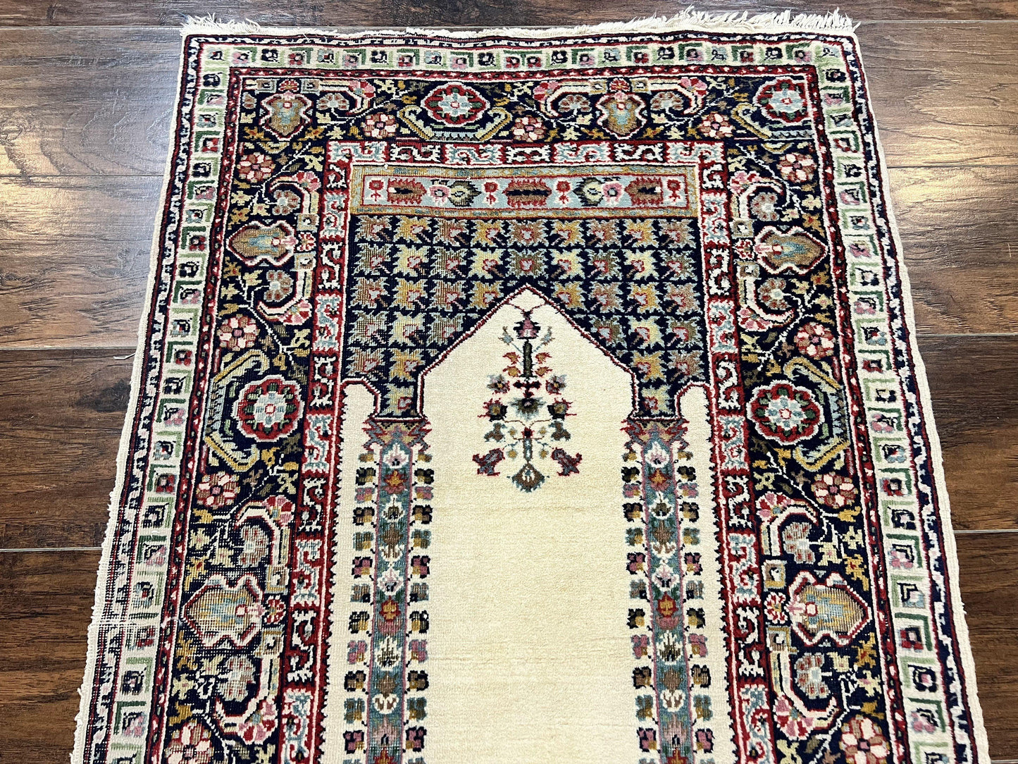 Turkish Prayer Rug 2.5 x 4, Vintage Wool Hand Knotted Carpet, Ivory