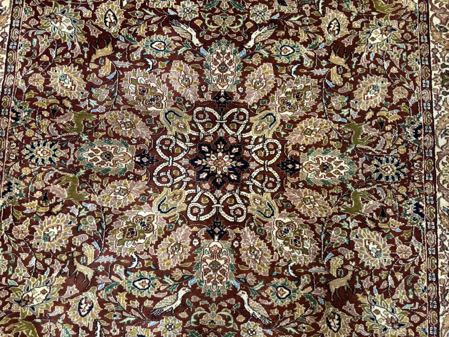 Tree of Life Indian Kashmiri Rug 6x9, Rust Red and Cream, Animal Pictorials, Fine 290 KPSI