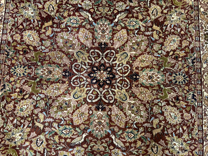 Tree of Life Indian Kashmiri Rug 6x9, Rust Red and Cream, Animal Pictorials, Fine 290 KPSI