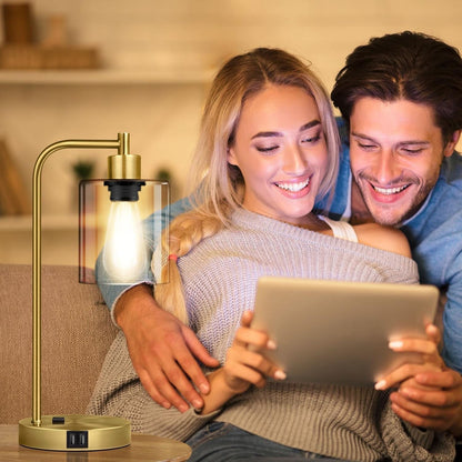 Industrial Touch Table Lamps Set Of 2 With USB Ports And AC Outlet Brass