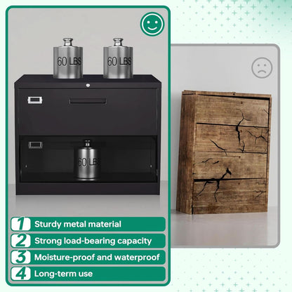 Metal Lateral File Cabinet With Lock 2 Drawer Black Steel
