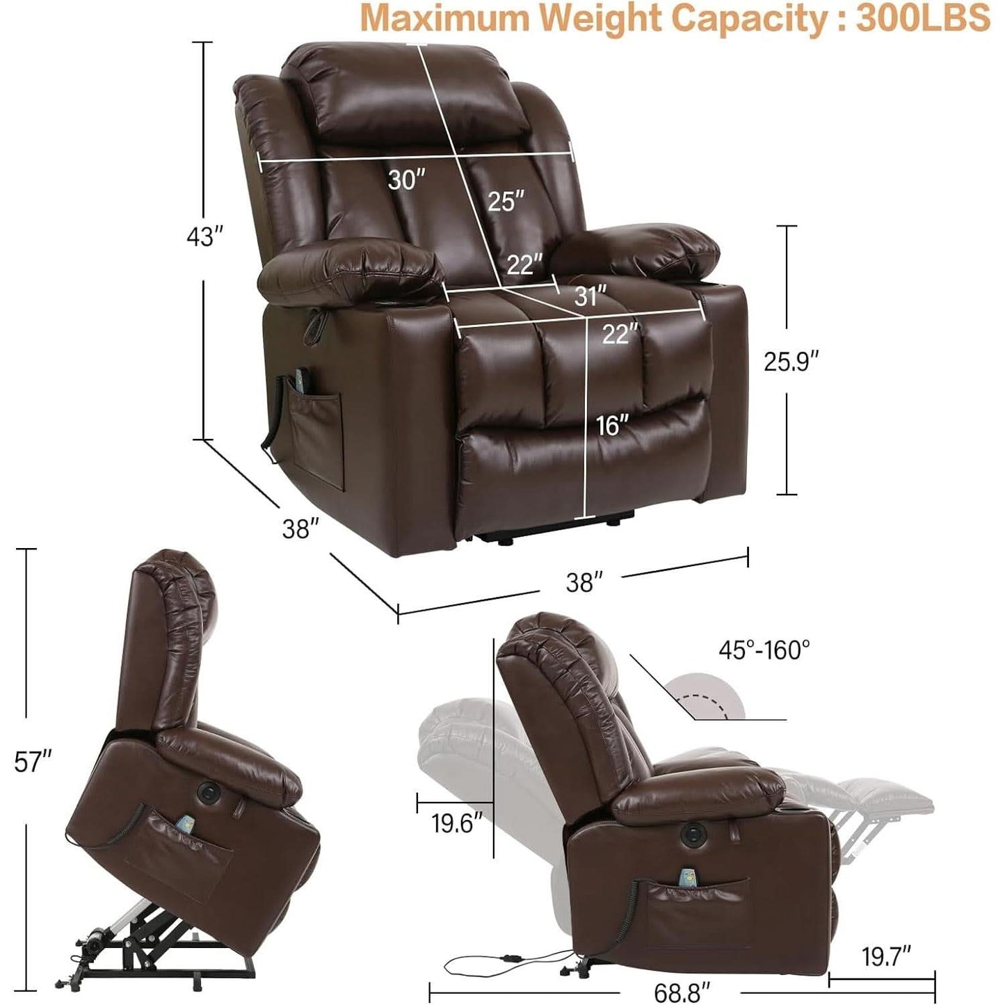 Brown Power Recliner With Massage And Heat Therapy