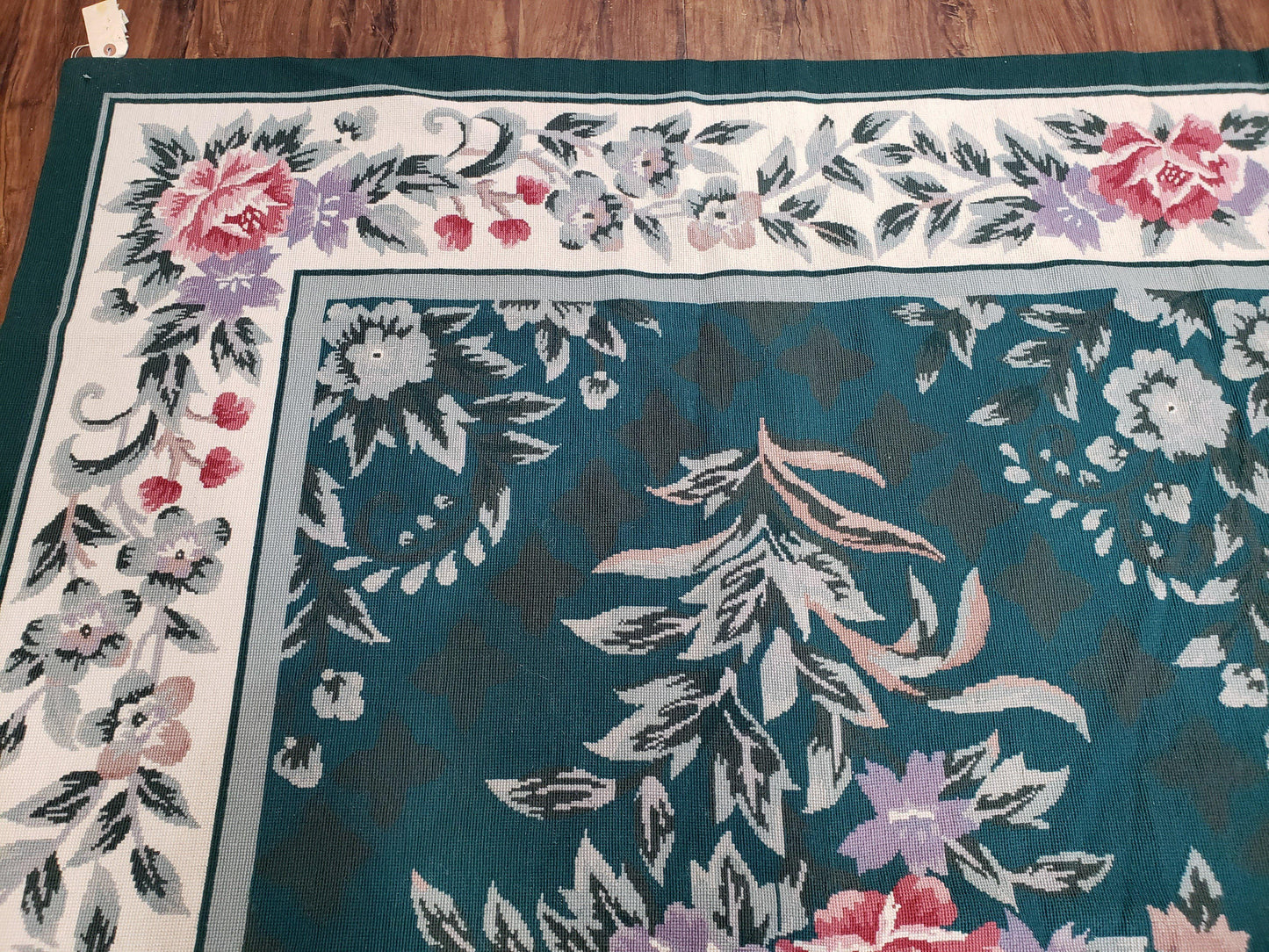 Chinese Needlepoint Rug 8x10, Vintage Green Area Rug, Hand-Woven Flatweave Floral European Design Carpet Wool Handmade 8x 10 Living Room Rug