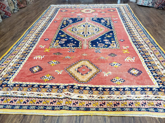 Vintage Moroccan Rug 6.6 x 9.8 ft, Tribal Bohemian Wool Hand-Knotted Carpet, 1950s Moroccan Rug, Salmon Red and Navy Blue, Room Sized Rug