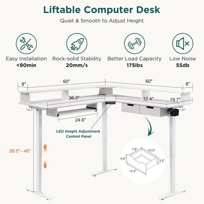 60 Inch L Shaped Electric Standing Desk Antique White