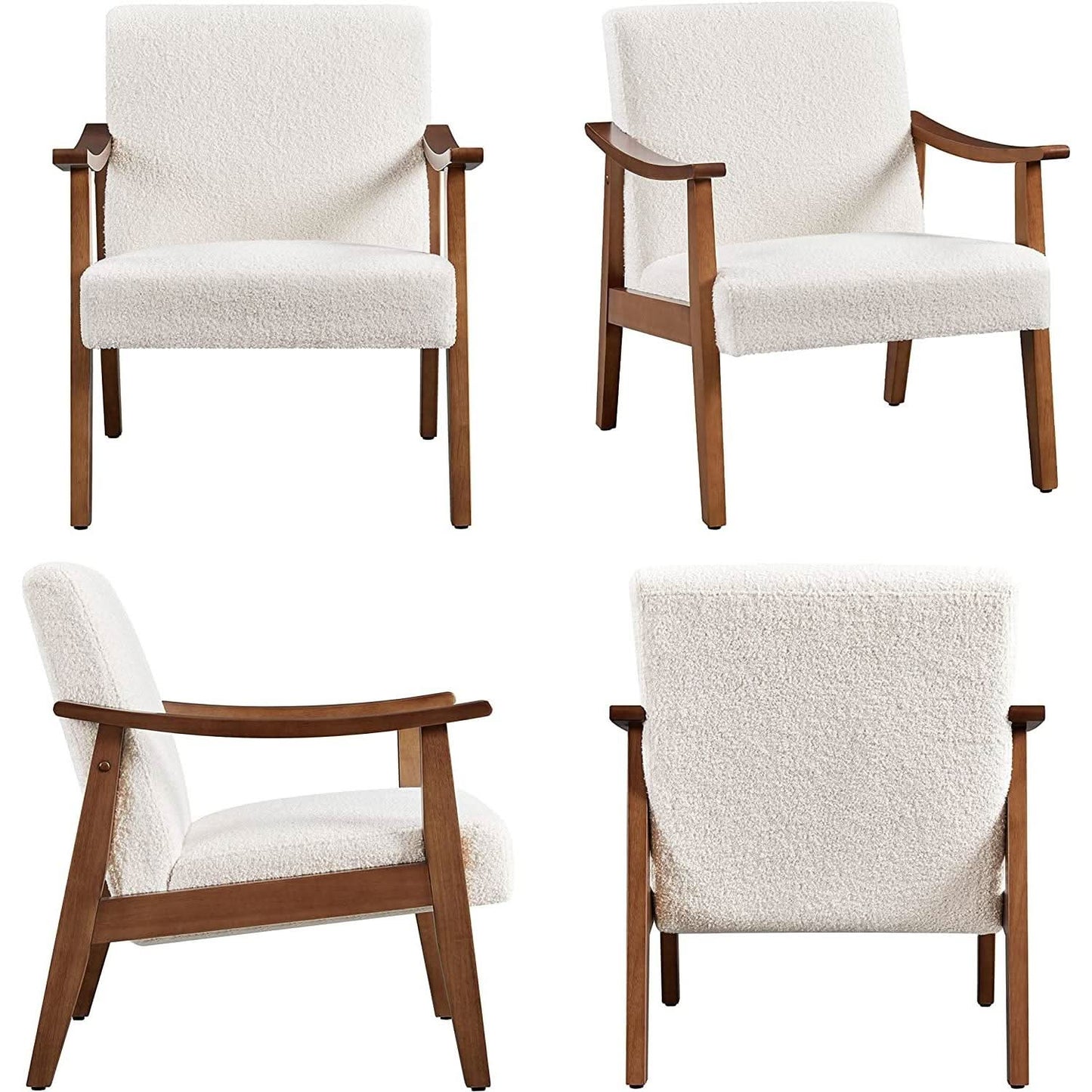 Mid Century Ivory Accent Chair With Wood Legs Boucle Upholstery