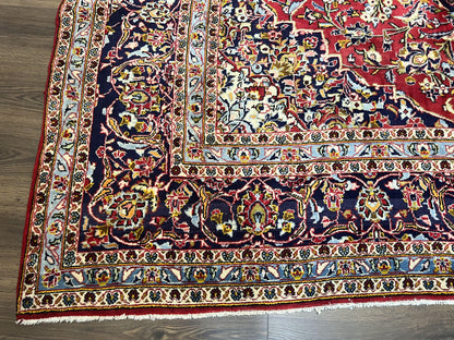Persian Kashan Rug 9x12, Red Navy Blue, Allover Floral Medallion & Corner Design, Handmade Wool Oriental Carpet, Semi Antique Traditional Carpet