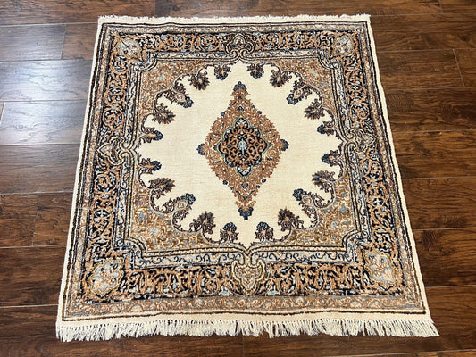 Square Persian Kirman Rug 4x4, Semi Open Field, Handmade