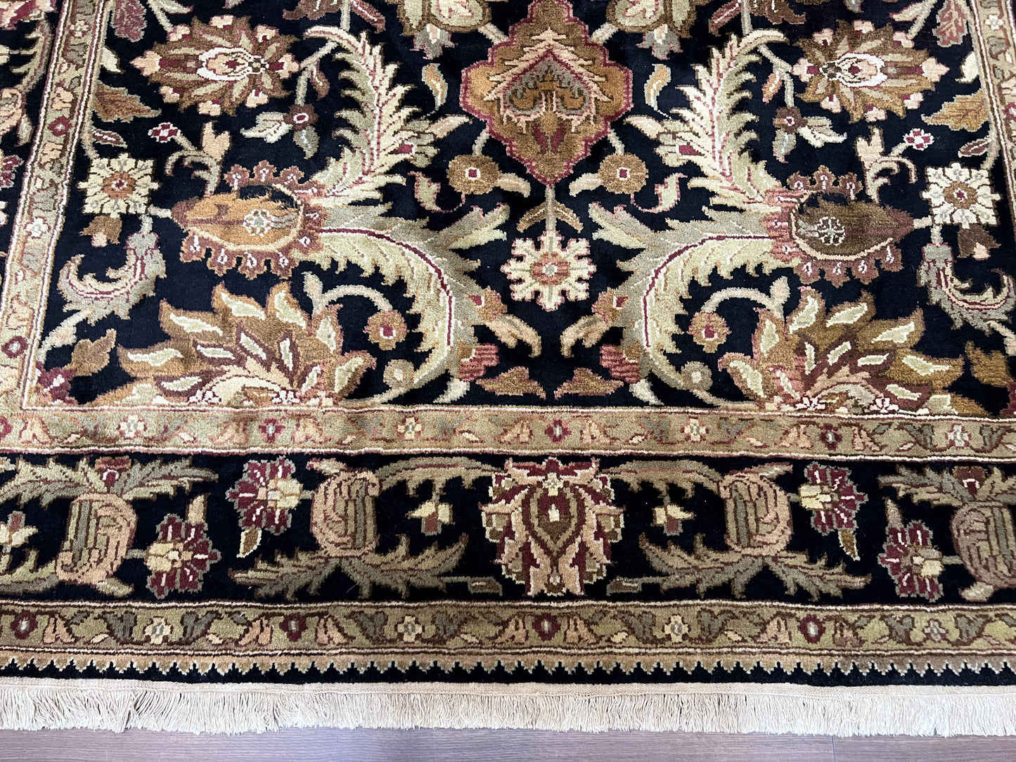 Indo Mahal Sultanabad Rug 8x11, Vintage Indian Oriental Carpet, Wool Handmade Floral Rug 8 x 11 ft, Black Beige Tan, Large Flowers Allover