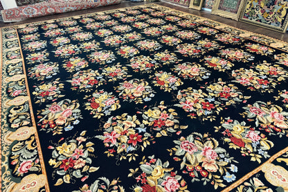 Palace Size Needlepoint Rug 12x16, Black and Colorful, Floral Panel, Handmade Oversized Wool Needlepoint Carpet, Rare