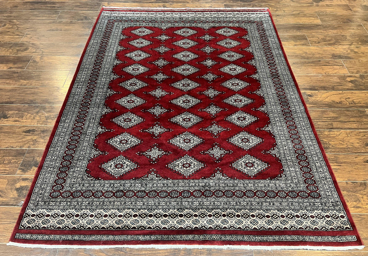 Pakistani Bokhara Rug 6x8, Fine Turkoman Carpet, Wool Handmade Vintage, Red, 6 x 8 Medium Sized Rug, Turkmen Rug