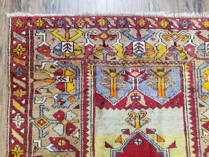 Antique Turkish Prayer Rug 3.8 x 5ft, Colorful Prayer Rug, Red Blue Gold Multicolor Turkish Anatolian Carpet, Handmade Hand-Knotted, Wool