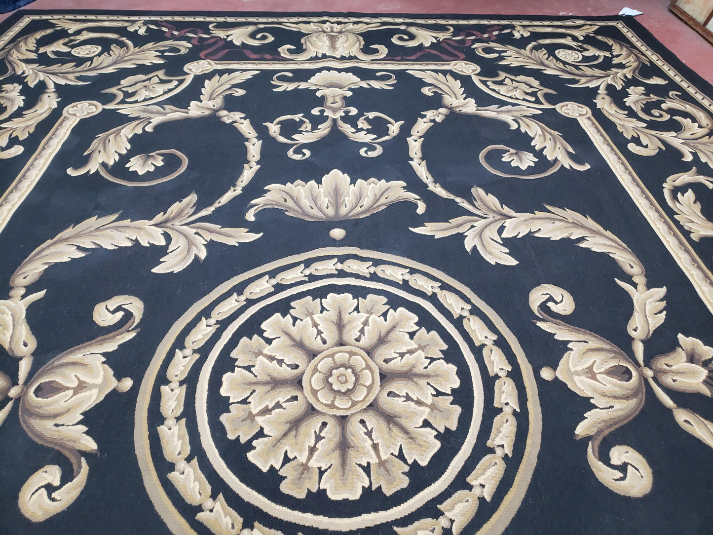 Black and Tan Aubusson Rug, 10 x 14 Aubusson Carpet, New Aubusson Rug, Elegant, Wool, Handmade Area Rug, Flatweave Rug, Large Aubusson Rug