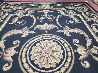 Black and Tan Aubusson Rug, 10 x 14 Aubusson Carpet, New Aubusson Rug, Elegant, Wool, Handmade Area Rug, Flatweave Rug, Large Aubusson Rug