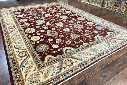 Peshawar Rug 9x11, Pakistani Oriental Carpet, Maroon and Beige, Floral Allover, Wool Hand Knotted Handmade Vintage Rug
