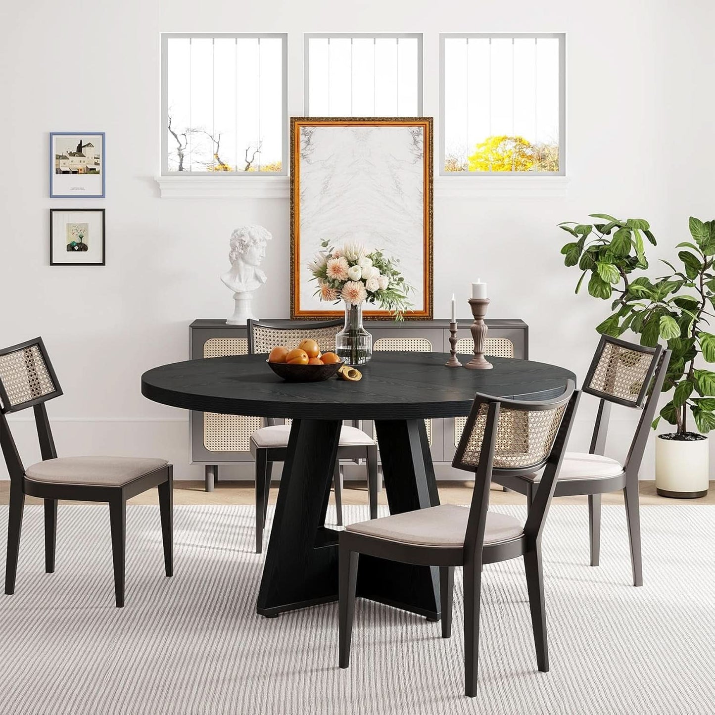Round Wood Dining Table Farmhouse 47 Inch For Dining Room With Cross Base Black